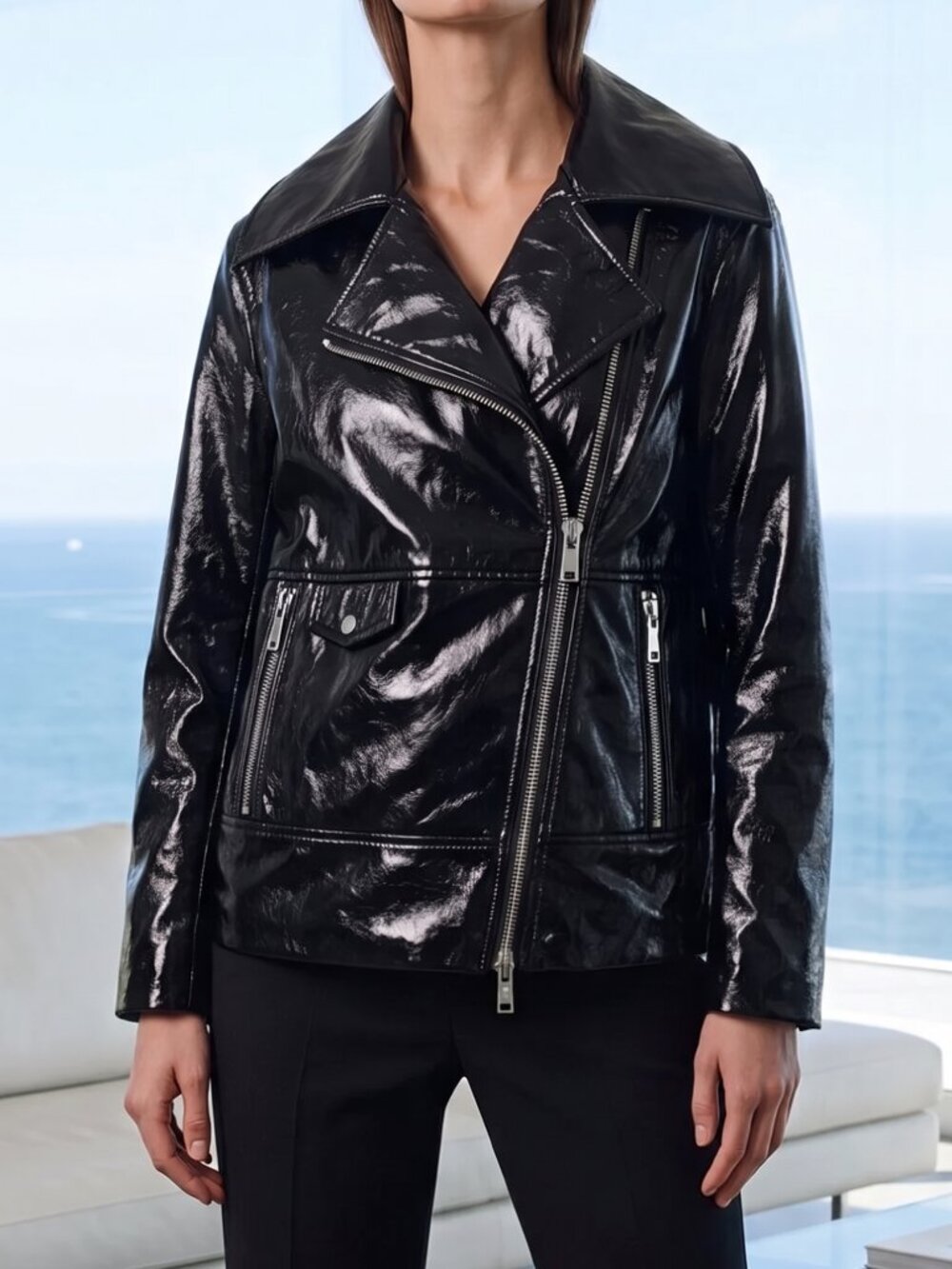 NWT $298 PISTOLA Winoma patent leather vinyl moto jacket oversized XS